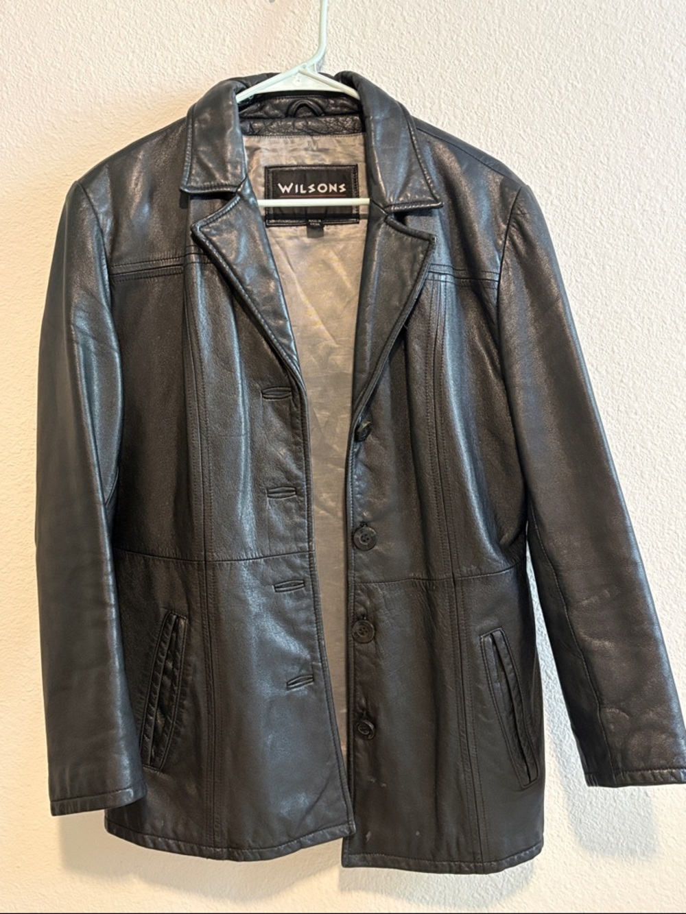 Wilsons Black Leather Unisex Button-Front Pea Coat